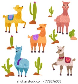 Vector Set of cute cartoon lamas characters with cactus.