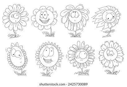 Conjunto de vectores con lindas flores lineales de dibujos animados. elemento de diseño para niños educar ilustración.