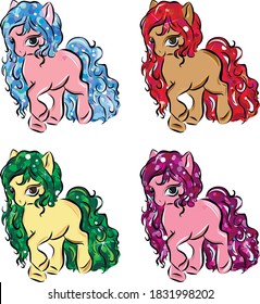 Vector set, cute cartoon little white baby horse with fabulous hair.