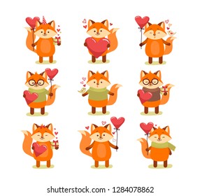 Vector set of cute cartoon lovely red fox. Vector illustration for web, site, greeting card, valentines day poster.