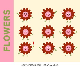 Vektorsatz von niedlichen Cartoon Maskottchen Charakter Blumen, emotionale Charakter. Für Design, Poster, Logo, Kunst, Apps und Geschichten