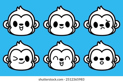 Vector set cute cartoon monkey icons isolated