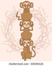 Vector set of cute cartoon monkeys. See no evil, hear no evil, speak no evil. Three wise monkeys. Funny animals. Vertical totem.