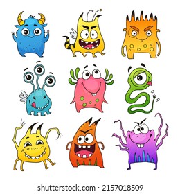 Vector set of cute cartoon monsters. Funny characters in doodle style