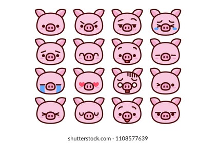 Vector Set Of Cute Cartoon Pig Icons Isolated