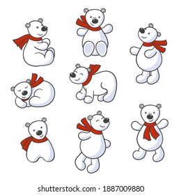 Vector set of cute cartoon polar bears in red scarves on a white background