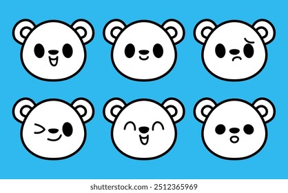 Vector set cute cartoon polar bear icons isolated