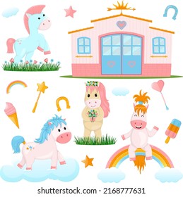 Vector set of cute cartoon ponies and stables, for children, on a white background.