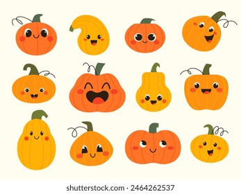 Vector set of cute cartoon pumpkins in flat style for Halloween, Thanksgiving, harvest, autumn season design