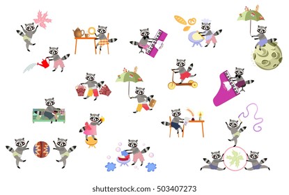  Vector set of cute cartoon raccoons isolated. Print for t-shirt.