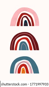 Conjunto vectorial de lindos arcos de dibujos animados sobre un aislado fondo blanco. Arcoiris dibujado a mano. Ilustración infantil para tarjetas de felicitación e impresión en tela para ropa infantil y papel envolvente. Plano
