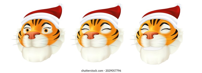 Vector set of cute cartoon red tiger heads with smiling facial emotions. Illustration of a striped animal character in Santa's costume - symbol of the year by the Chinese calendar isolated on a white