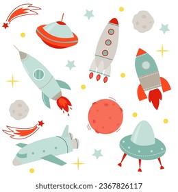 vector set with cute cartoon rocket and space ships, stars and planet for kids isolated on white background