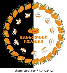 Vector set of cute cartoon round frames. Lovely pumpkins with green leaves, scary pumpkin. Kawaii Halloween illustration, suitable for invite, cards, banners, posters, postcard 