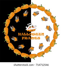 Vector set of cute cartoon round frames. Lovely pumpkins with green leaves, costumed ghost pumpkin. Kawaii Halloween illustration, suitable for invite, cards, banners, posters, postcard