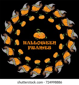 Vector set of cute cartoon round frames. Lovely pumpkins with green leaves, witch hat, funny crying pumpkin. Kawaii Halloween illustration, suitable for invite, cards, banners, posters, postcard