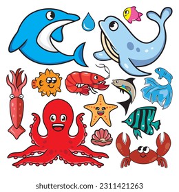 Vector set of cute cartoon sea animals. Collection of marine animals.