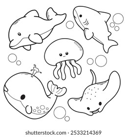 Vector set of cute cartoon sea animals. Black and white illustration for coloring book.