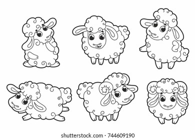 Vector set of cute cartoon sheeps. Funny lamb. Vector illustration for kids. Outline

