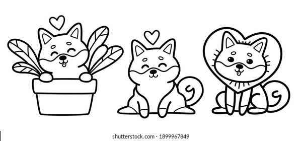 Vector set of cute cartoon shiba in love isolated on white. Cute and funny dog in different poses with hearts for Valentines day.