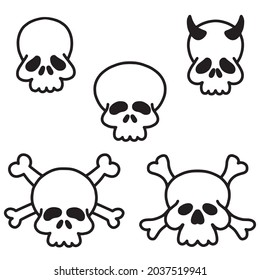 vector set of cute cartoon skulls, linear drawing
