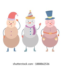 Vector set of cute cartoon snowman. Children's illustration isolated on white background. Christmas illustrations of funny snowmen.