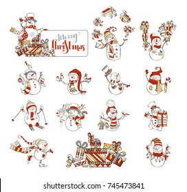 Vector set of cute cartoon snowmen. Snowman is skating. Snowman is skiing. Snowman is singing. Snowman with sign on a heap of gifts. Candy, gift boxes, garland, Christmas baubles, birds and birdhouse.