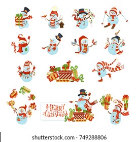 Vector set of cute cartoon snowmen. Snowmen are skating, skiing and singing. One is with blank tablet on a heap of gifts. Candy, Christmas gifts, garland, baubles, birds, birdhouse.