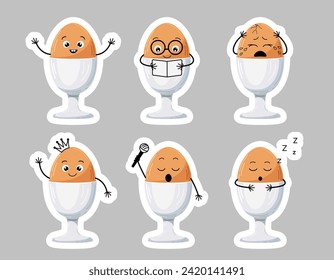 Vektorset aus süßen, Cartoon-Aufkleber von Eiern auf einem Ständer mit unterschiedlichen Emotionen. Kinderbild für Drucke, Aufkleber, Kinderzimmer-Dekoration. Ein Ei mit einem Gesicht. Ei-Emoticons.