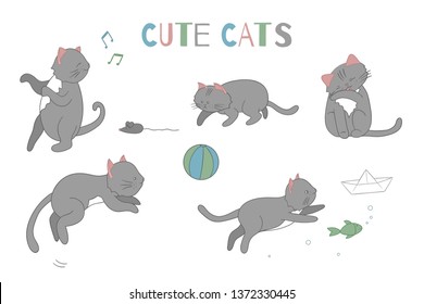 Vector set of cute cartoon style cat in different poses. Animal character illustration for children. Hand drawn line drawings of funny kitten. Big collection of pets for kids, coloring, animation.
