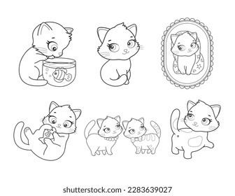 Vector set of cute cartoon style cat in different poses. Animal character illustration for children. Hand drawn line drawings of funny kitten. Big collection of pets for kids, coloring, animation.