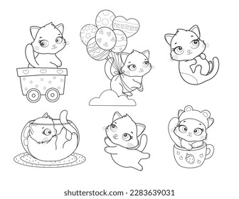 Vector set of cute cartoon style cat in different poses. Animal character illustration for children. Hand drawn line drawings of funny kitten. Big collection of pets for kids, coloring, animation.