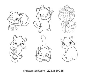 Vector set of cute cartoon style cat in different poses. Animal character illustration for children. Hand drawn line drawings of funny kitten. Big collection of pets for kids, coloring, animation.
