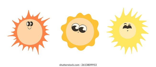 Vector set with cute cartoon suns with faces. Funny hand drawn summer sunshine characters.  Childish sunny emoticons. Vector illustration