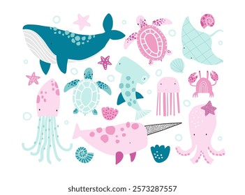 Vector set of cute cartoon underwater animals, fish and shells. Whale, octopus, turtle, hammerhead shark, narwhal, jellyfish, stingray, crab. Marine Set. Under the Sea. Ocean. Aquarium. Nursery. 