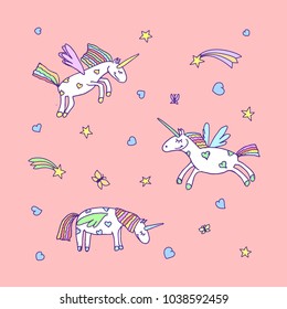Vector set of cute cartoon unicorn. Illustration of unicorns