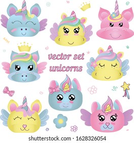 vector set, cute cartoon unicorns faces