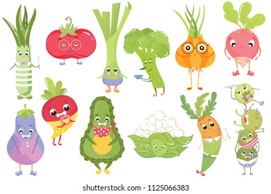 Vector set of cute cartoon vegetable characters. Food cartoon characters concept. Funny kawaii vegetables for kids.Onion,carrot,pea,eggplant, tomato,radish, broccoli,beet,avocado