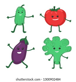 Vector set of cute cartoon vegetables. Funny kawaii characters colourful illustration