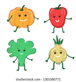 Vector set of cute cartoon vegetables. Funny kawaii characters illustration.