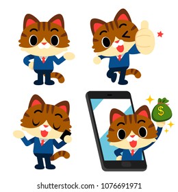 Vector set of cute cat in business suit doing different action poses.