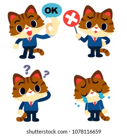 Vector set of cute cat in business suit doing different action poses.