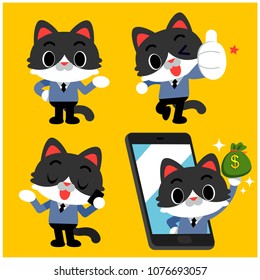 Vector set of cute cat character in business suit doing different action poses.