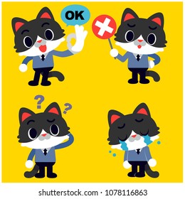 Vector set of cute cat character in business suit doing different action poses