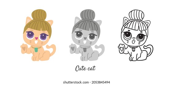 Vector set with cute cat character in colored style, black and white, outline isolated on white. Simple minimalistic cute cats in cartoon style perfect for coloring book. Cute kitty character