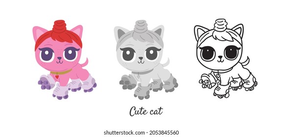 Vector set with cute cat character in colored style, black and white, outline isolated on white. Simple minimalistic cute cats in cartoon style perfect for coloring book. Cute kitty character