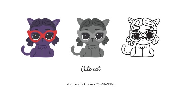 Vector set with cute cat character in colored style, black and white, outline isolated on white. Simple minimalistic cute cats in cartoon style perfect for coloring book. Cute kitty character