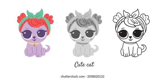 Vector set with cute cat character in colored style, black and white, outline isolated on white. Simple minimalistic cute cats in cartoon style perfect for coloring book. Cute kitty character