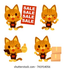 Vector set of cute cat character as a merchant in different action poses isolated on white background.