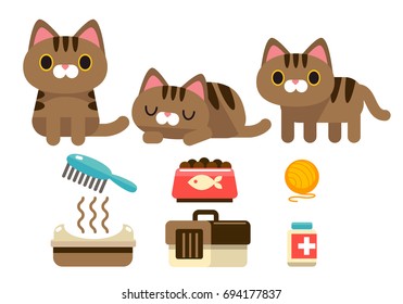 Vector set of cute cat characters with some objects isolated on white background.